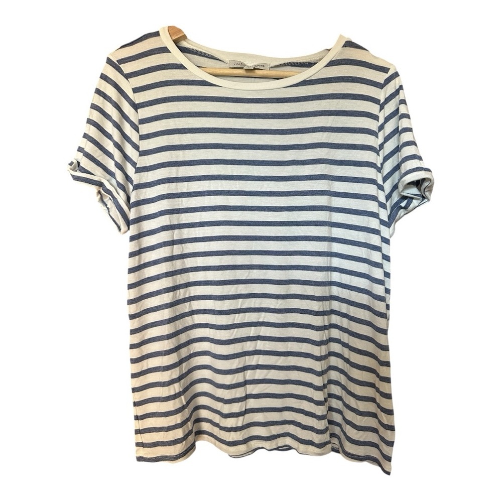 Green Envelope Navy and White Striped Top Blue White Tees - Short Sleeve Size M